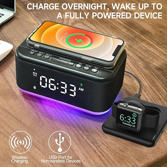 Alarm Clock Speaker Wireless Charger, Digital Alarm Clocks Bedrooms Bluetooth, Alarm Clock Dimmable Light Bedrooms Dual Alarm Snooze Dimmer 12 24H RGB Night Light Bluetooth USB AUX, Black - Image 5