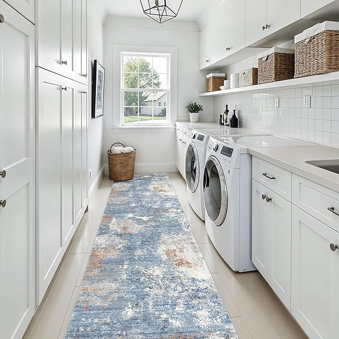 3x20 ft Extra Long Hallway Runner Rug - Non-Slip Washable Floor Runner with Rubber Backing, Modern Low Pile Thin Wide Carpet for Entryway, Kitchen, Living Room (Blue Rust, 3x20)