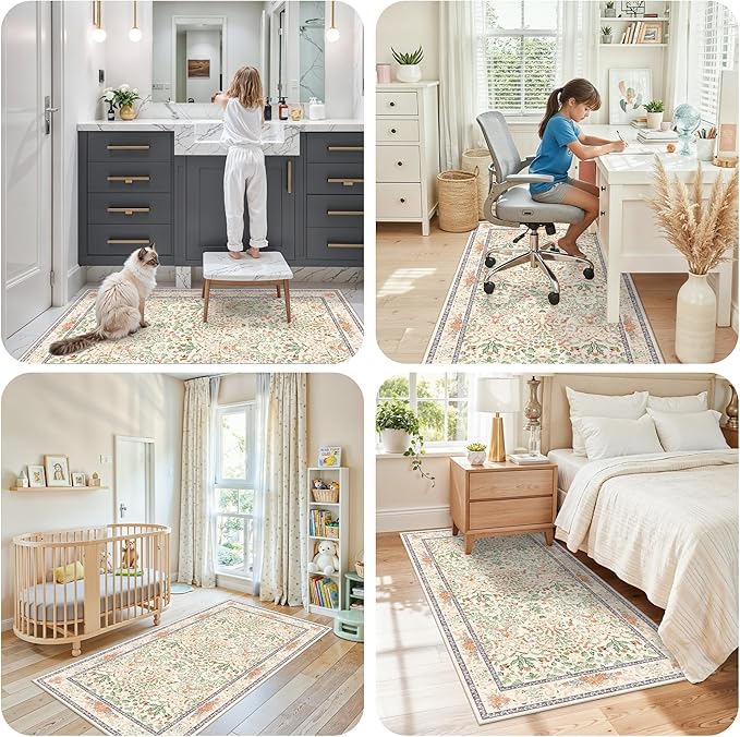 3x6 Botanical Rug Washable Non-Slip – Soft Wide Floor Carpet Runner for Kitchen Entryway Hallway Bathroom, Vintage Florals Animals Low Pile Area Rug (Cream)