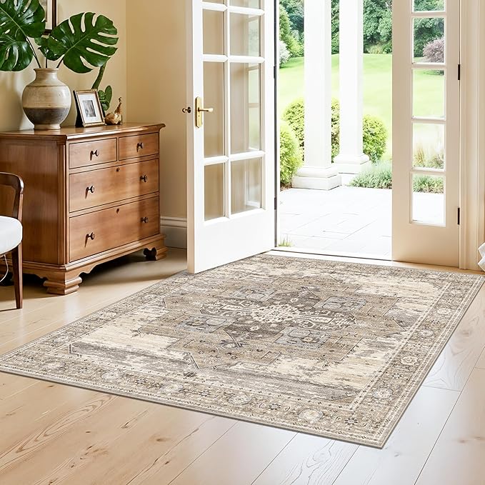 RUUGME Decorative 4x4 Rugs Square - Soft Area Rugs for Living Room Stain Resistant Vintage Ultra Thin Rugs for Bedroom Kitchen entryway with Non Slip Backing Home Decor 4x4 Beige
