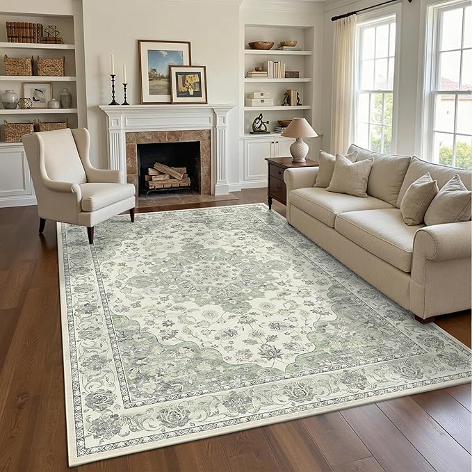 Green 5x7 Washable Area Rug, Non-Slip Soft Ultra-Thin Polyester Carpet with Vintage Stain Resistant Indoor Rug for Living Room, Bedroom, Dining Room, Nursery Oeko-TEX - Green