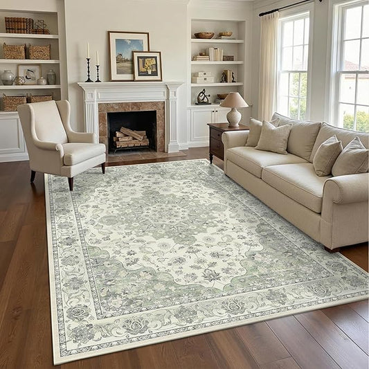 Green 5x7 Washable Area Rug, Non-Slip Soft Ultra-Thin Polyester Carpet with Vintage Stain Resistant Indoor Rug for Living Room, Bedroom, Dining Room, Nursery Oeko-TEX - Green