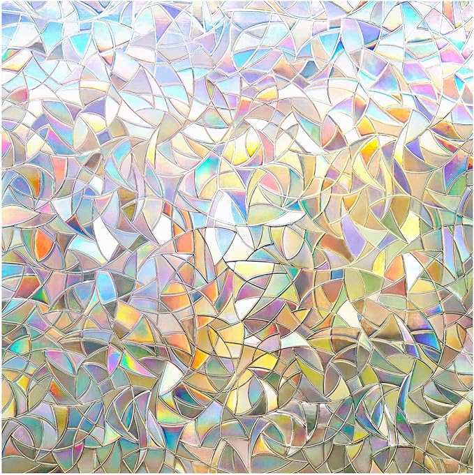 rabbitgoo Window Privacy Film Rainbow Film Decorative Window Sticker, 3D Static Stained Glass Cling Tint for Home Heat Control Non-Adhesive, 17.5 x 118.1 inches