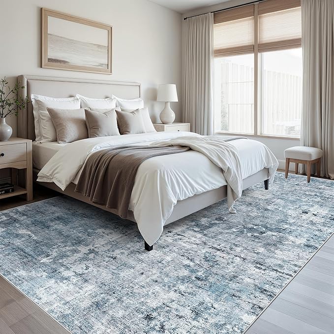 Soalmost 9x12 Area Rugs for Living Room, Abstract Non Slip Machine Washable Vintage Rugs, Low Pile Lightweight Large Rug for Bedroom, Dining Room, Home Office Blue