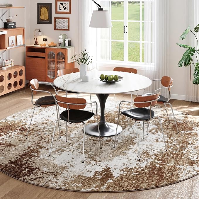 Brown Round Area Rugs 4ft Washable Circle Rug for Entryway Kitchen, Non Slip Soft Low Pile Stain Resistant, Boho Circular Carpet for Living Room Bedroom Dorm Dining Room Table, Abstract Coffee