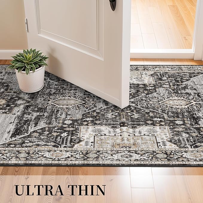 3x7 Washable Entryway Rug Runner - Vintage Non Slip Stain Resistant Runners Ultra-Thin Soft Carpets for Kitchen Hallway Bedroom Laundry Room Distressed Indoor Home Decor Mat 3X7 Black