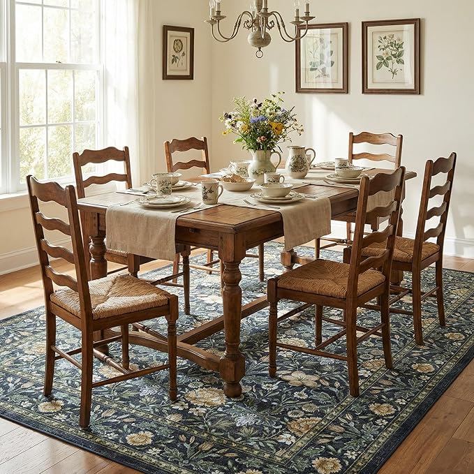 GarveeHome Washable Area Rug 6x9, Soft Vintage Floral Bedroom Rug Non Slip Low Pile Carpet Stain Resistant Throw Rug for Bedside Kids Room Office Dining Room