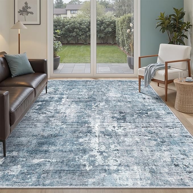 Soalmost 7x9 Area Rug for Living Room Washable Abstract Vintage Soft Thin Indoor Floor Non-Slip Carpet for Bedroom Dining Room Blue Grey
