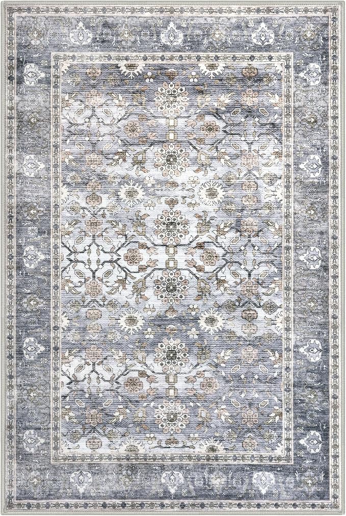KUTA Washable Rug 4x6 Area Rug, Vintage Rug Indoor for Living Room, Non Slip Machine Washable Large Rugs, Soft Print Distressed Grey Blue Farmhouse Carpet for Bedroom Dining Room Dorm Office