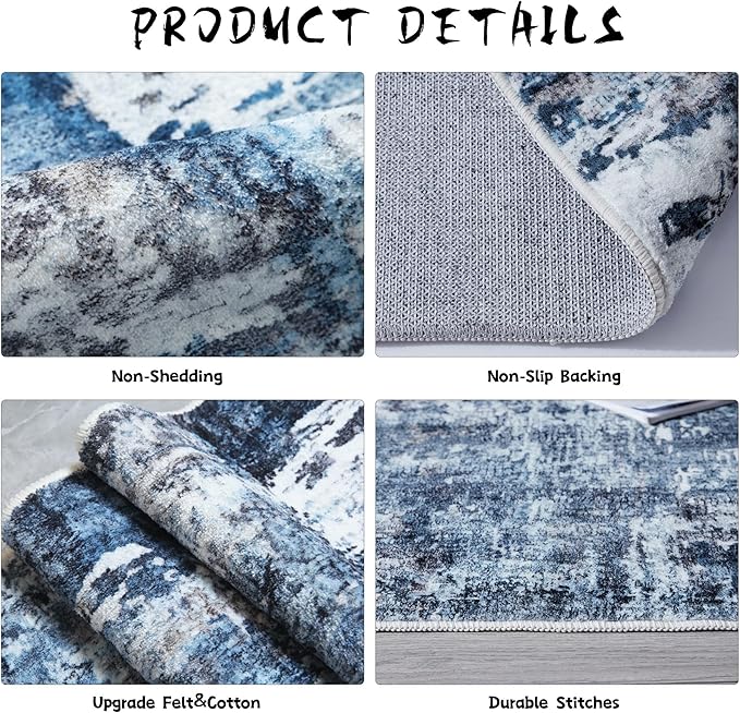 Rugcomf 6x9 Washable Bedroom Boho Rug - Soft, Non-Slip, Non-Shedding Faux Wool Vintage Pattern for Living Room, Farmhouse, Dining Room, Kids Playroom - Blue