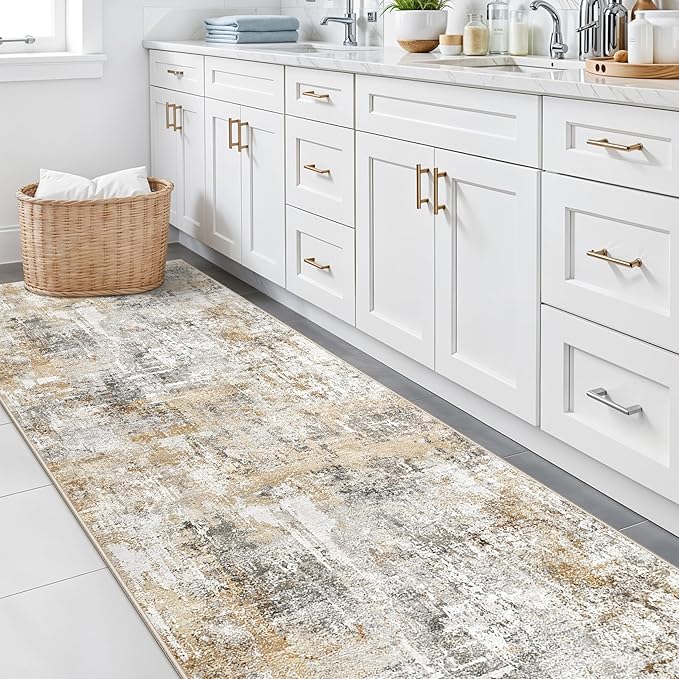 3x12 ft Long Hallway Runner Rug - Non-Slip Washable Kitchen Rug with Rubber Backing,Modern Abstract Neutral Thin Low Pile Floor Carpet Runner for Entryway,Bedroom,Living Room（Gold Grey）