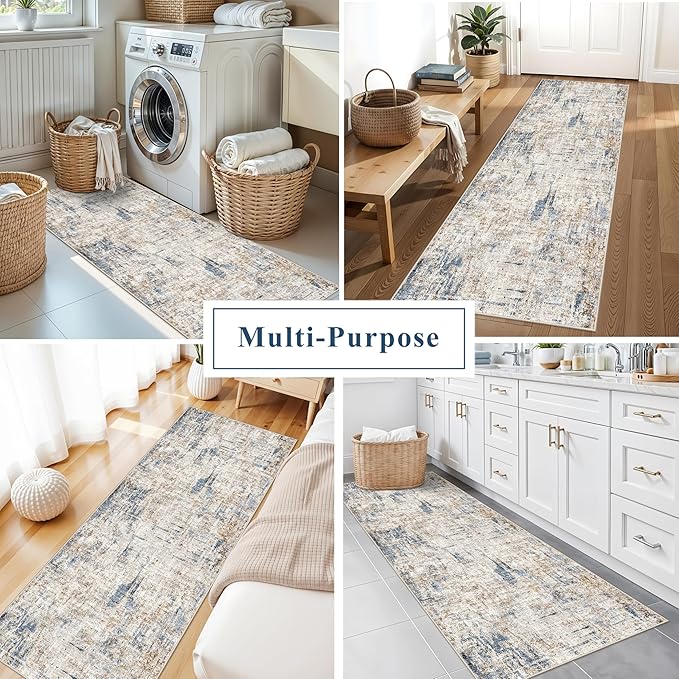 2x6 Washable Non-Slip Hallway Runner Rug – Modern Abstract Soft Carpet Runner for Kitchen, Bedroom with Rubber Backing – Low-Pile Thin Stain-Resistant Rug for Laundry Room, Entryway（Blue Brown）