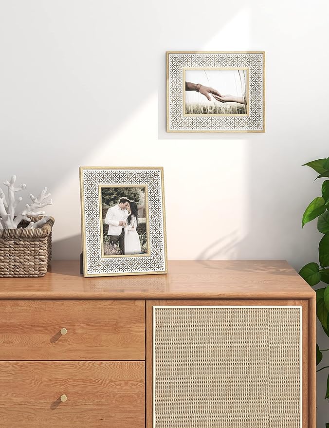 Afuly 5x7 Picture Frames Distressed Moroccan Relief Boho Photo Frame Shabby Chic 3D Cross Pattern Frame for Wall Tabletop, Wedding Birthday Gifts for Mom Grandma, Set of 2