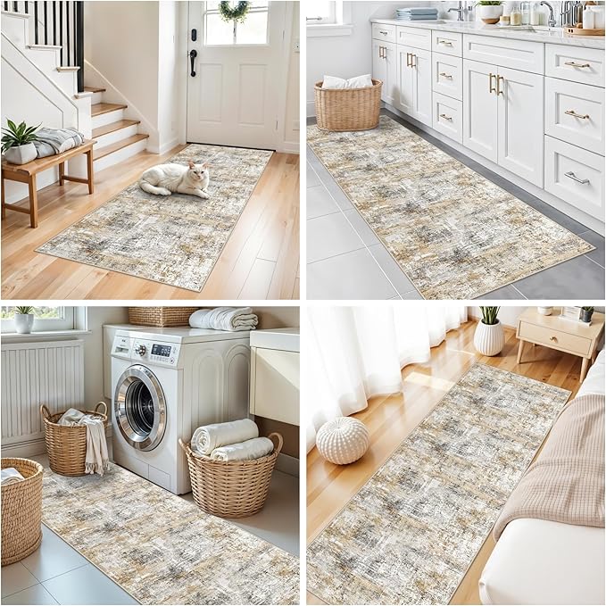 2x8 Washable Non-Slip Hallway Runner Rug – Modern Abstract Soft Carpet Runner for Kitchen, Bedroom with Rubber Backing – Low-Pile Thin Stain-Resistant Rug for Bathroom,Laundry Room,Entryway（Gold Grey）