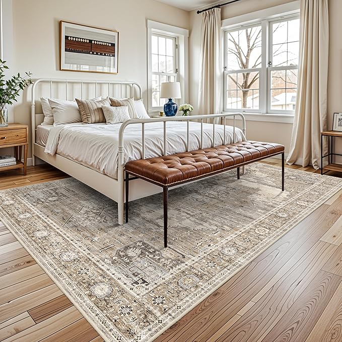 RUUGME Washable 7x9 Area Rug - Vintage Area Rugs with Non Slip Backing Stain Resistant Carpet for Bedroom Dining Room Indoor Soft Carpets Home Decor Decoration Mat 7x9 Beige