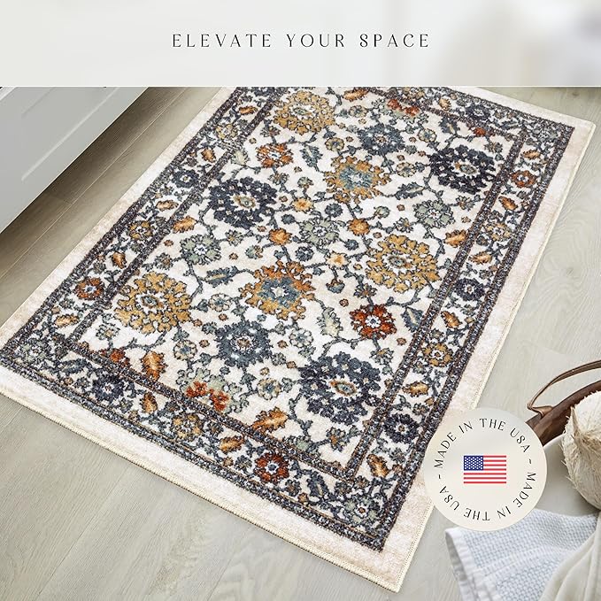 Maples Rugs Benton Oriental Area Rugs – Made in USA – Washable, Non-Slip, Low Profile Indoor Rug for Entryway, Foyer, Kitchen, and Bathroom, 30" x 46", Beige