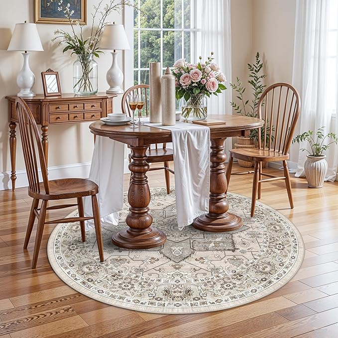 Living Room 4round Area Rug - Boho Rugs for Living Room Bedroom Stain Resistant Carpet Vintage Tribal Rugs for Kitchen Playroom with Non Slip Backing Home Decor Floor Mat for Bathroom 4ft Ivory