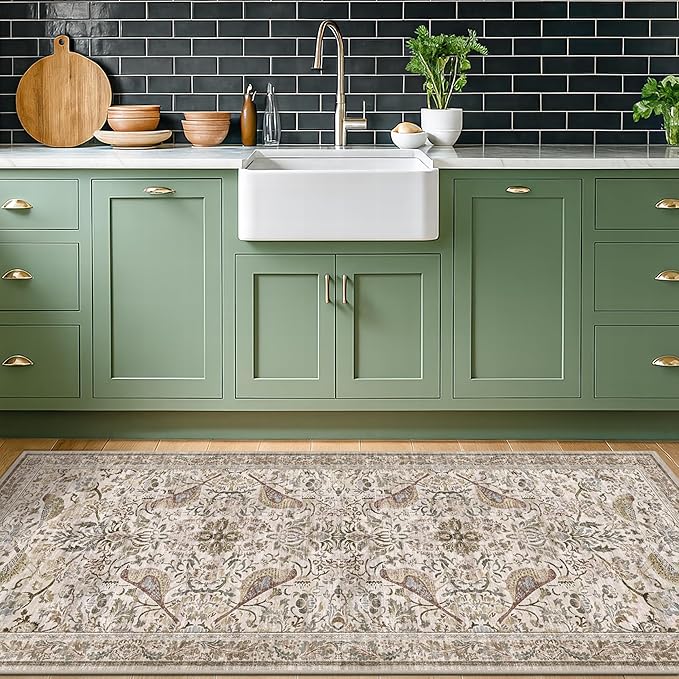 Vintage 2x6 Washable Runner Rugs for Kitchen, Bedside Rug for Bedroom, Entryway, Hallway, Non Slip Moss Bathroom Carpet, Traditional Home Décor with Floral Bird Pattern (Moss)