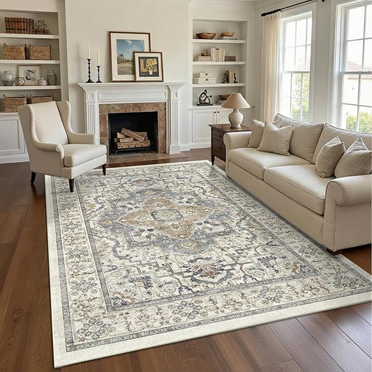 Beige 5x7 Washable Area Rug, Non-Slip Soft Ultra-Thin Polyester Carpet with Vintage Stain Resistant Indoor Rug for Living Room, Bedroom, Dining Room, Nursery Oeko-TEX - Beige/Blue