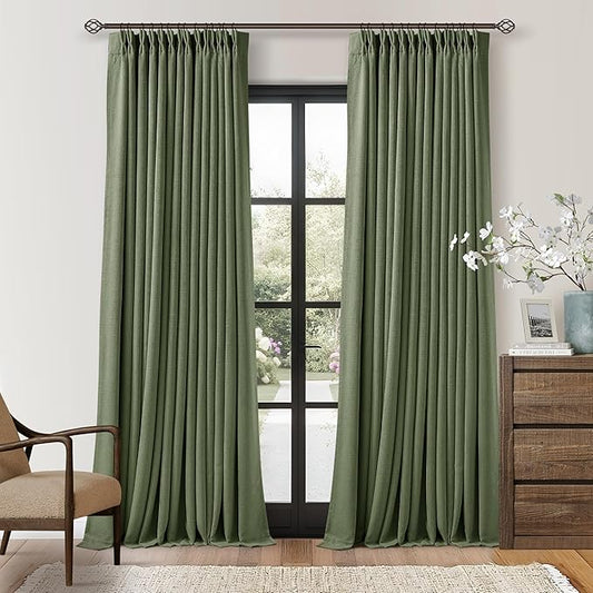 Thick Linen Olive Green Blackout Curtains 90 Inches Long for Living Room Bedroom 100% Black Out Pinch Pleated Drapes Double Layer Room Darkening Light Blocking Thermal Insulated 90 Inch Curtain Loden