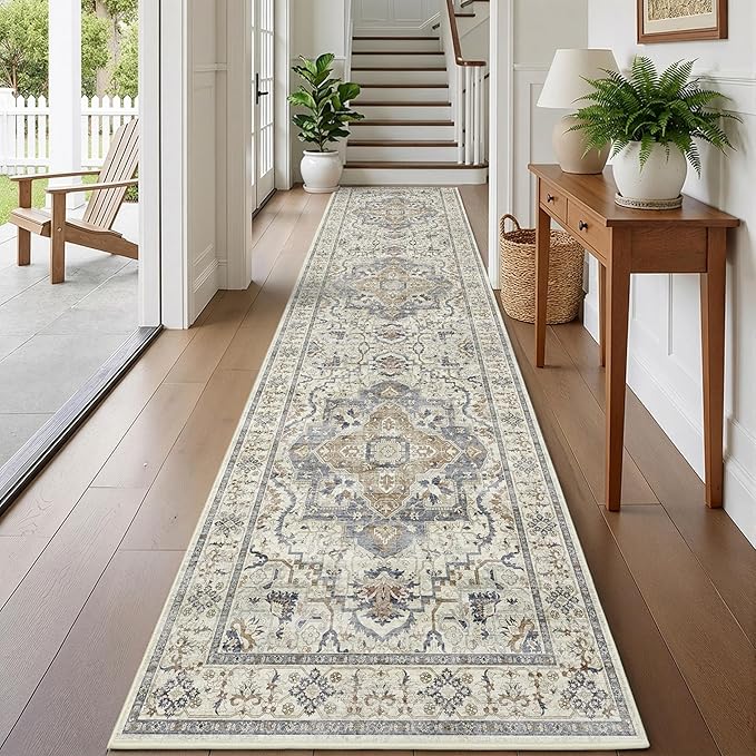 3x12 Runner Rug for Hallway, Non-Slip Long Washable Rug, Soft Thin Vintage Floor Mat for Kitchen, Bathroom, Bedroom, Entryway, Dining Room (Beige/Blue 3'x12')