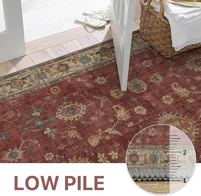 GENIMO Runner Rug for Hallways Machine Washable, 2x8 Non Slip Boho Vintage Lightweight Washable Runners, Thin Floor Rugs for Entryway Hallway Bathroom Laundry Room Corridor, Red