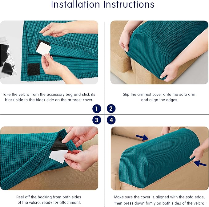 SUBRTEX Stretch Couch Arm Covers Set of 2, Checkered Sofa Arm Slipcovers, Anti-Slip Armrest Covers for Recliner and Armchairs, Pet Proof, High Stretchy, Hook & Loop Tape, Blue
