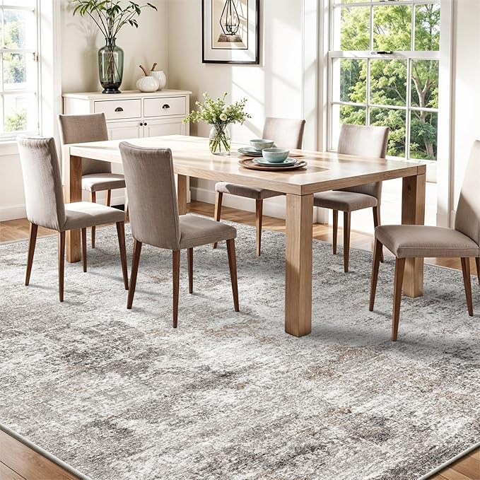 6x9 Washable Living Room Rug – Neutral Modern Abstract Soft Large Area Rug for Bedroom, Dining Room – Non-Slip Low-Pile Thin Carpet (Beige Grey)