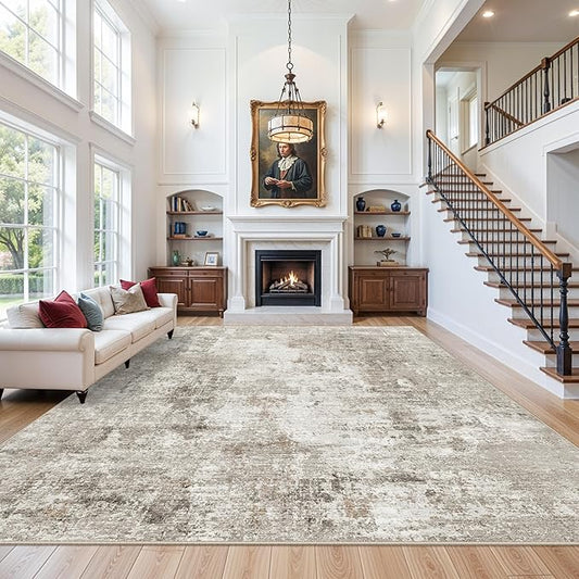 11x14 Washable Rug for Living Room Bedroom Dining Room – Large Neutral Soft Low-Pile Modern Abstract Area Rug – Non-Slip Stain-Resistant Indoor Carpet (Beige Grey)