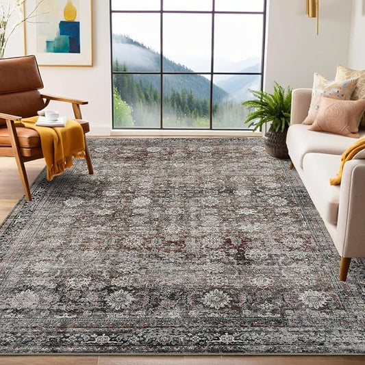 GarveeHome Washable Area Rugs 5x7 Vintage Printed Accent with Non-Slip Backing, Stain-Resistant Oriental Throw Rugs, Farmhouse Low Pile Rugs for Bedroom, Living Room, Red Green