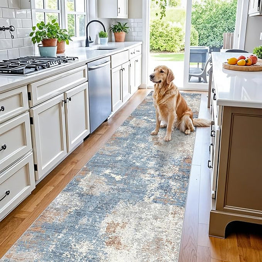 3x15 Ft Long Hallway Runner Rug – Non-Slip Washable Kitchen Floor Rug with Rubber Backing, Modern Low Pile Thin Wide Carpet Runners for Bedroom, Entryway Indoor (Blue Rust,3x15)