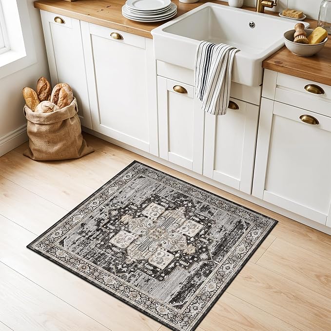 RUUGME 2x2 Washable Bathroom Area Rug, Non-Slip Vintage Oriental Low Pile Carpet, Soft Floor Mat for Entryway, Kitchen Sink, Laundry Room,Stain Resistant Home Decor Mat for Small Space 24x24 Black