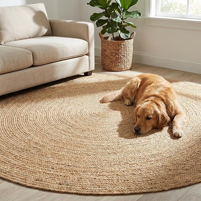 Jute Braided Area Rug, Natural - 8 Feet Round, Boho Neutral Indoor Circle Hand Woven Rugs for Living Room, Bedroom, Nursery, Dining Area | Farmhouse Large Rustic Patio Floor Mat for Coastal Décor