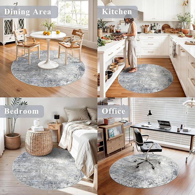 Round Area Rug 4ft Washable - Non-Slip Small Circle Rug for Living Room Bathroom Kitchen Bedroom – Soft Modern Neutral Abstract Circular Carpet (Blue Grey,4x4)