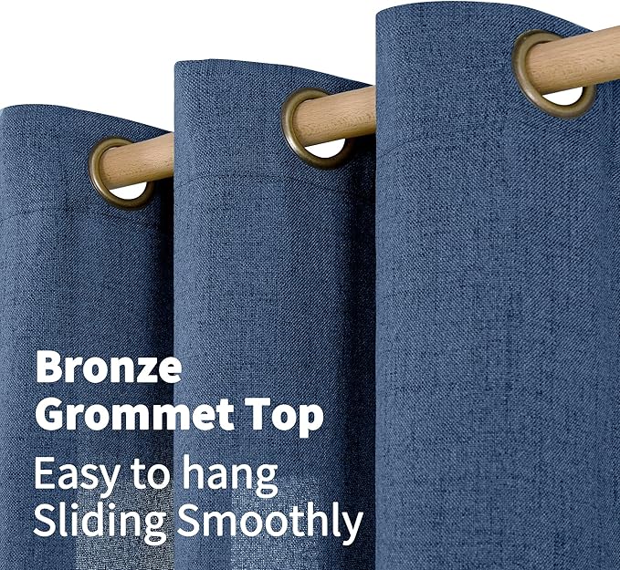 YoungsTex Dark Blue Linen Curtains 68 Inch Length for Living Room, Navy Semi Sheer Drapes Light Filtering with Bronze Grommet Privacy for Bedroom Decorative, 52 x 68 Inch, 2 Panels