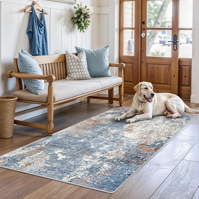 3x4 Washable Entryway Rug – Non-Slip Modern Abstract Small Area Rug for Kitchen, Bedroom, Bathroom – Soft Low-Pile Thin Indoor Door Mat（Blue Rust，3x4）