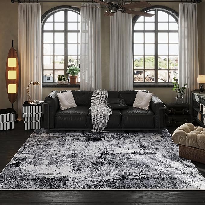 Rugcomf 8x10 Area Rug Washable Boho Rug Soft Non-Slip Non-Shedding Faux Wool Vintage Rug for Living Room, Farmhouse, Dining Room, Indoor, Kids Playroom, Grey and Black
