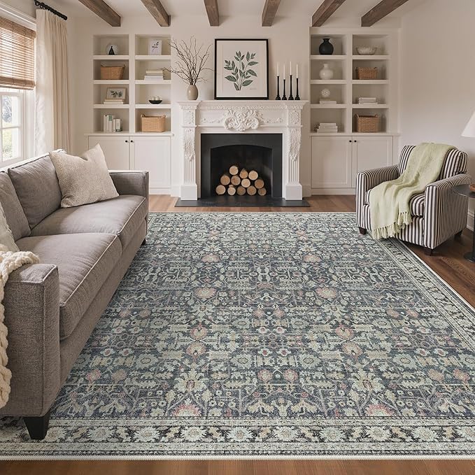 Bavni Area Rugs 8X10-Machine Washable Rug Lightweight Low Pile, Vintage Floral Rug Non-Shedding Distressed Throw Carpet for Living Room Bedroom Office, Green/Blue