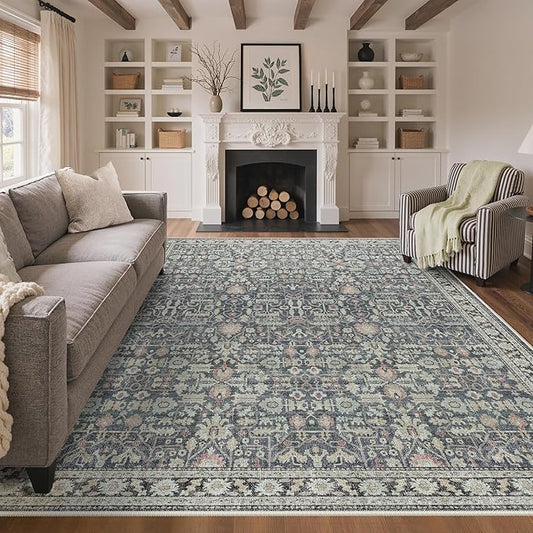 Bavni Area Rugs 8X10-Machine Washable Rug Lightweight Low Pile, Vintage Floral Rug Non-Shedding Distressed Throw Carpet for Living Room Bedroom Office, Green/Blue