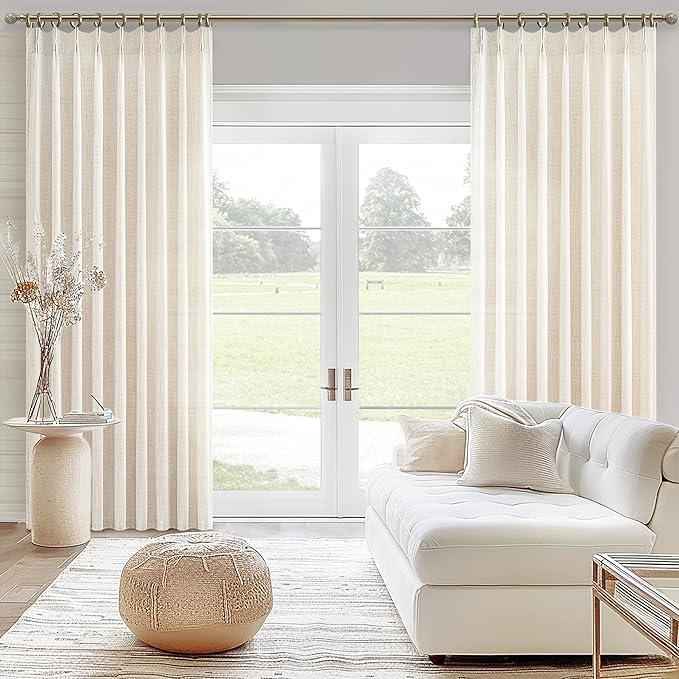 95 Inch Curtains 2 Panel Set for Sliding Door, Light Filtering Linen Pinch Pleated Curtains with Hooks&Rings Sunroom Natural Cream Textured 95 Inches Semi Sheer Drapes for 94 Inch Windows 40" Wx95 L