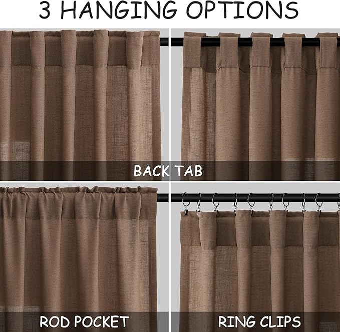 Caramel Brown Linen Curtains 84 Inches Long for Bedroom Back Tab Light Filtering Privacy Semi Sheer Drapes Modern Farmhouse Decor Cotton Textured for Living Room Curtain 2 Panels Set 52x84 Inch