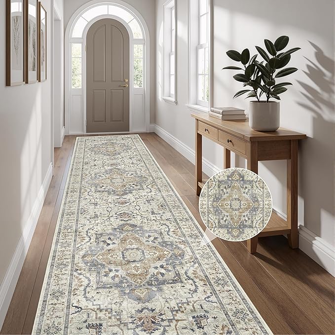 3x12 Runner Rug for Hallway, Non-Slip Long Washable Rug, Soft Thin Vintage Floor Mat for Kitchen, Bathroom, Bedroom, Entryway, Dining Room (Beige/Blue 3'x12')