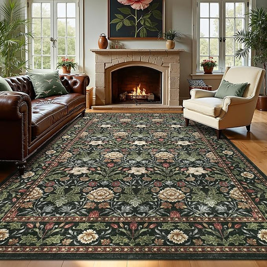 GarveeHome Area Rugs 8x10 for Living Room, Forest Green Floral Large Washable Rug Soft Non Slip Carpet Indoor Thin Accent Rug for Bedroom Dining Room Playroom Nursery Home Decor