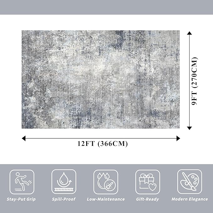 Washable Area Rug 9x12 Living Room – Neutral Modern Abstract Large Carpet for Bedroom Dining Room Office – Soft Non-Slip Low-Pile Thin Stain-Resistant Indoor Rugs （Blue Grey,9x12）