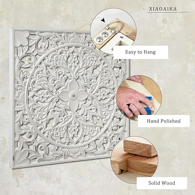 XIAOAIKA Boho Carved Wood Wall Sculpture, Intricate Floral Mandala Design with Distressed White Finish, Vintage Farmhouse Wall Art Panel with Solid Wood Frame for Bedroom Entryway (22" x 22")