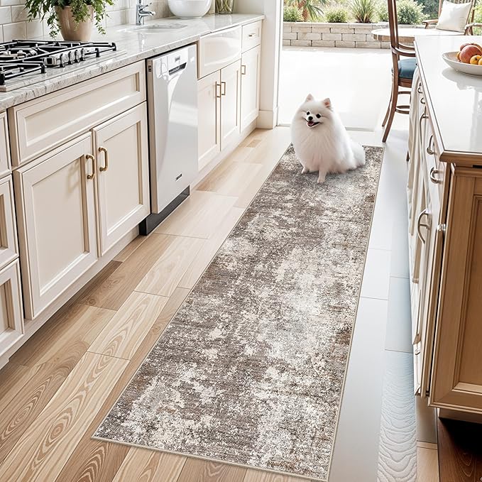 2x7 Washable Kitchen Runner Rug – Non-Slip Soft Carpet for Bathroom Hallway Hall Bedroom – Modern Abstract Neutral Low-Pile Thin Indoor Area Rug with Rubber Backing (Brown Beige,2x7)