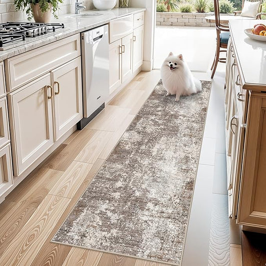 2x7 Washable Kitchen Runner Rug – Non-Slip Soft Carpet for Bathroom Hallway Hall Bedroom – Modern Abstract Neutral Low-Pile Thin Indoor Area Rug with Rubber Backing (Brown Beige,2x7)