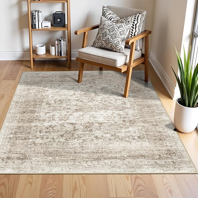 RUUGME Washable 3x3 Rugs Square - Boho Low Pile Soft Area Rugs for Entryway Kitchen Bathroom Bedroom Stain Resistant Ultra Thin Carpets with Non Slip Backing Indoor Home Decor 3x3 Beige Brown