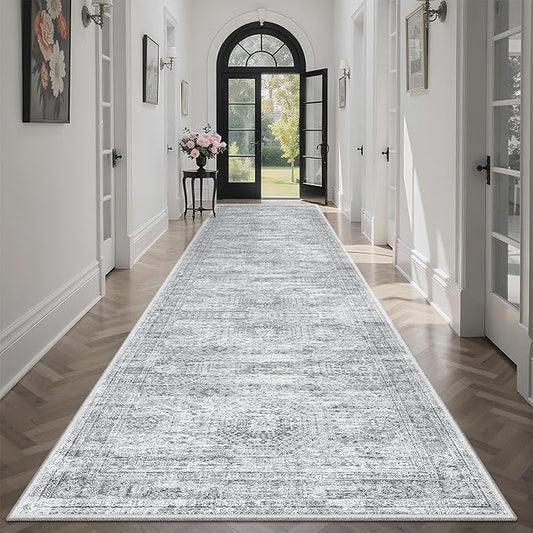 Soalmost Runner Rug 3x12 Washable Non-Slip Hallway Runner Rugs for Kitchen Bathroom Laundry Room Grey Vintage Floor Carpet Runners for Hallways Entryway