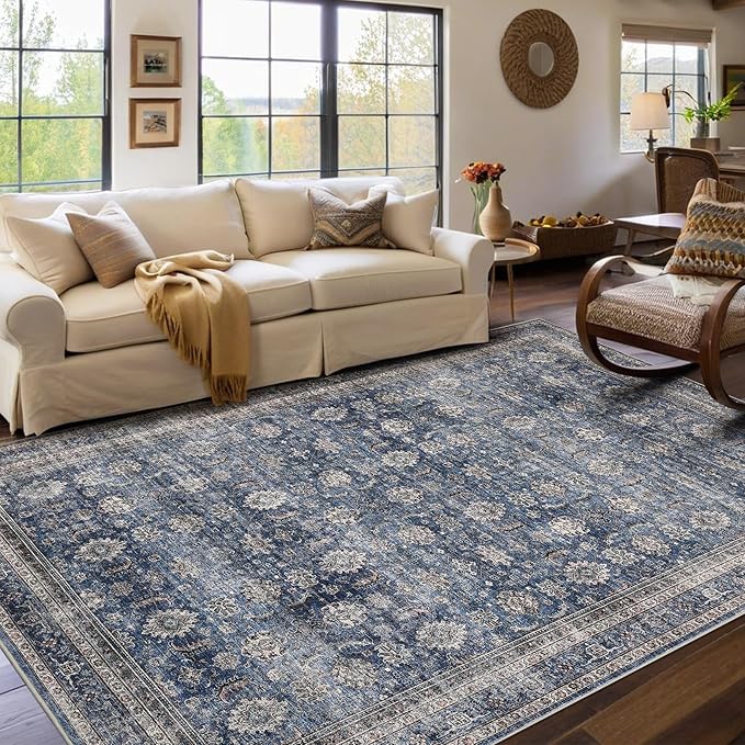 GarveeHome 5x7 Area Rugs for Living Room Machine Washable Vintage Boho Carpet Non Slip Ultra Soft Non-Shedding Throw Rug Low Pile Lightweight Indoor Floor Carpet for Bedroom Nursery Denim